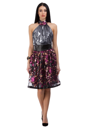 Lace open back dress with floral sequin elements in black, graphite and lilac